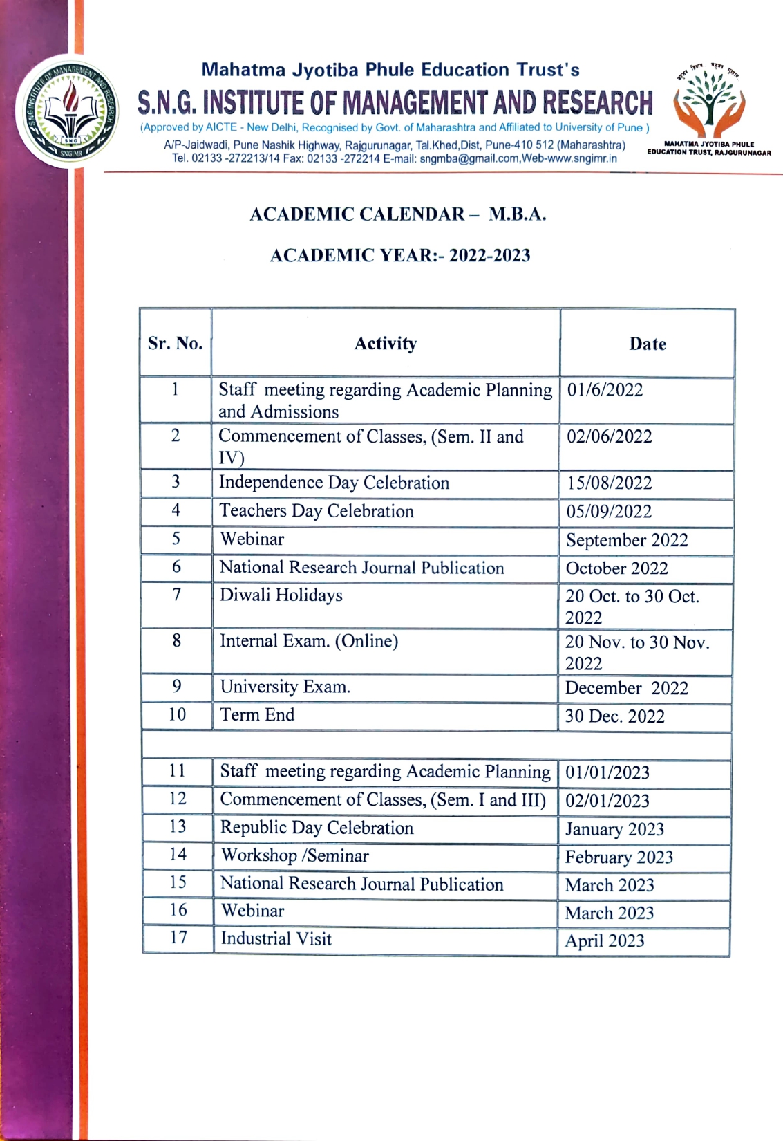 Academic Calender
